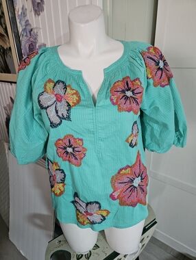Anthropologie Maeve Embroidered Peasant Blouse Aqua Floral Puff Sleeve Med Nwot